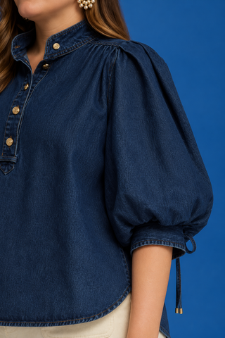 PLUS Bluebonnet Breeze Denim Button Detail 3/4 Puff Sleeve Top