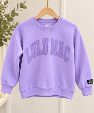 lavender purple crewneck sweatshirt with 'LULUMAC' printed in arched letters on the chest