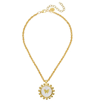 Gold necklace with a butterfly pendant on a white background