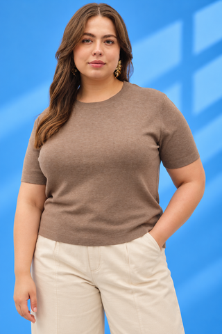 A woman modeling a short-sleeve crewneck knit top in taupe brown, paired with light beige pants, set against a bright blue background with a subtle windowpane pattern.