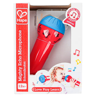 Red and blue toy microphone in Hape packaging on a white background