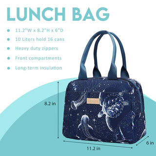 Navy blue lunch bag with whale design and product details on a light blue background
