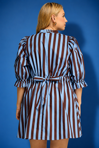 a brown and light blue vertically striped shirt dress with puff sleeves and a buttoned collar