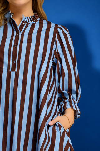 a brown and light blue vertically striped shirt dress with puff sleeves and a buttoned collar