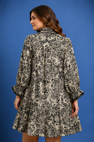 Floral Black & Ivory Print Dress featuring a split V-neck, 3/4 sleeves, lightweight lined fabric