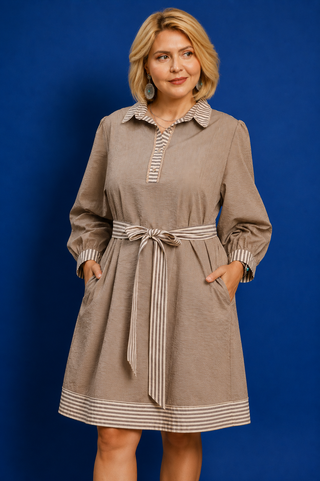A woman modeling a taupe-brown long-sleeve dress with beige and white striped accents on the collar, placket, cuffs, hem, and matching tie belt, posed against a solid blue studio background.