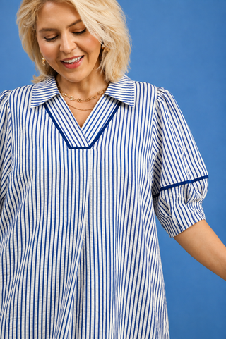 PLUS Nautical Charm Blue & Ivory V-Neck Midi Dress