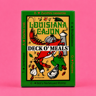 Card game box titled 'Louisiana Cajun Deck O' Meals' on a pink background