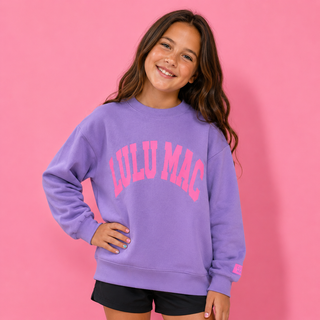 Violet Pop Puff Letter Crewneck featuring hot pink puff lettering, a soft fleece cotton-blend, relaxed fit, and cozy everyday