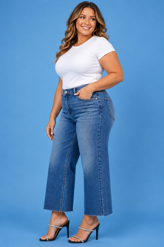 PLUS Harper TC HR Crop Wide Leg Medium Wash Raw Hem Jeans