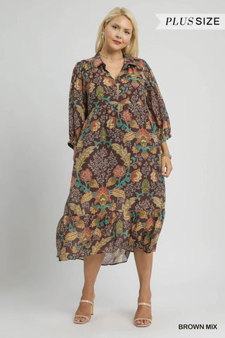 Woman wearing a floral dress with a brown mix pattern on a white background