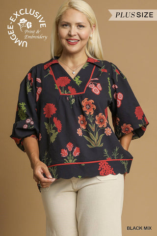Woman wearing a floral blouse with a beige background