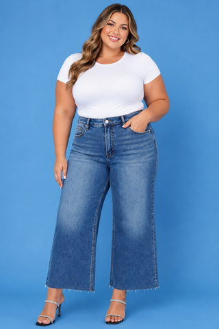 PLUS Harper TC HR Crop Wide Leg Medium Wash Raw Hem Jeans