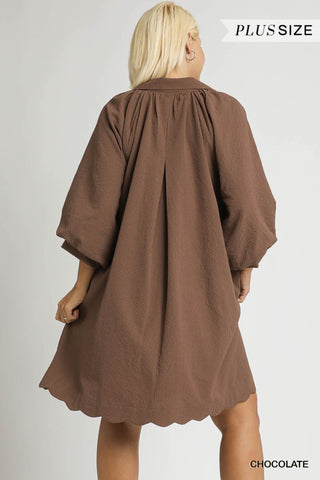 Brown plus-size dress on a model with 'Plus Size' text above and 'Chocolate' text below.