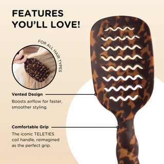 Leopard print hairbrush with features highlighted on a beige background