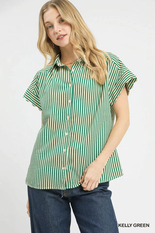 Woman wearing a green and white striped shirt on a white background