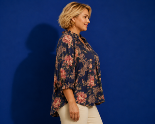 PLUS Vintage Navy Floral V-Neck Lace Trim Top