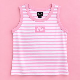 Pink and white striped sleeveless tank top with a pink chest patch reading 'LULU MAC' on a solid pink background.
