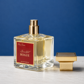 Perfume bottle and packaging of 'Beautiful Rogue' on a blue background