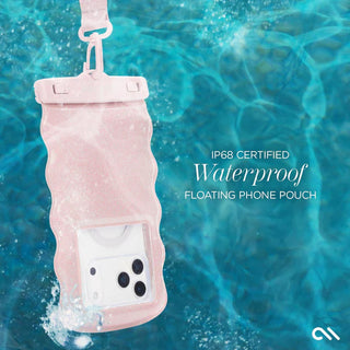 Pink waterproof floating phone pouch with IP68 certification on a water background