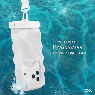 Waterproof floating phone pouch with IP68 certification on a pool background