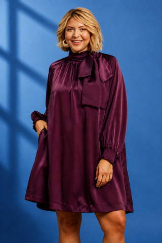 A woman modeling a high-neck, long-sleeve satin dress in deep plum purple, standing against a blue studio backdrop with window shadow overlays.