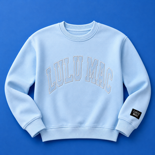 Light blue sweatshirt with 'LULU MAC' branding on a blue background
