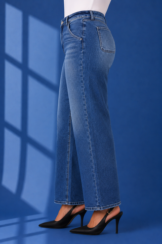 A pair of wide-leg blue denim jeans shown on a mannequin from the waist down, paired with black slingback high heels against a blue studio backdrop with window shadow projections.