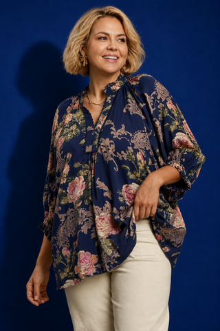 PLUS Vintage Navy Floral V-Neck Lace Trim Top