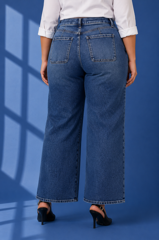 A person shown from the back wearing blue wide-leg denim jeans, a white long-sleeve top, and black high heels against a blue studio background with window shadow overlays.