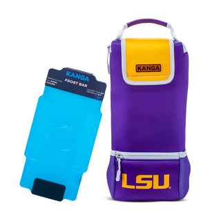 Purple LSU insulated cooler bag with yellow top and blue Kanga label on a white background