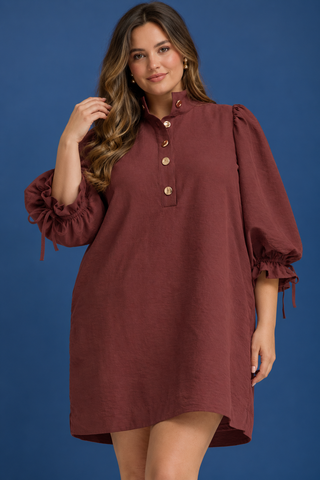 PLUS Vintage Vines Button Detail Puff Sleeve Mini Dress