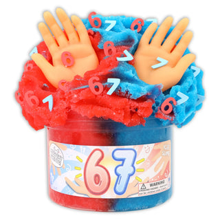 Colorful slime with hands and numbers in a container, featuring a brand label.