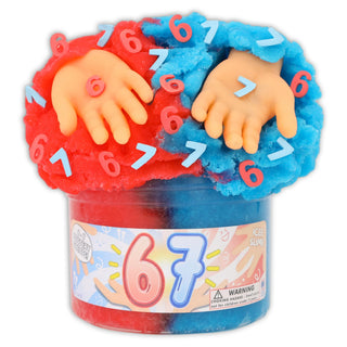 Toy with red and blue hands and numbers in a container, featuring a warning label.
