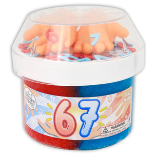 Container of colorful slime with numbers 6 and 7 on a white background