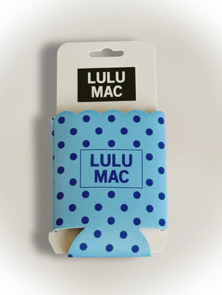Blue polka dot can cooler with 'Lulu Mac' branding on a white background