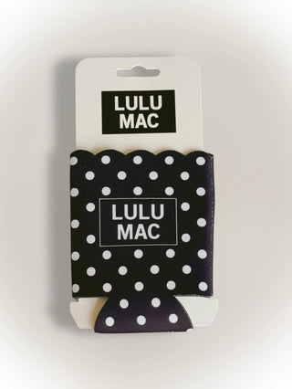 Black and white polka dot can cooler with Lulu Mac branding on a white background