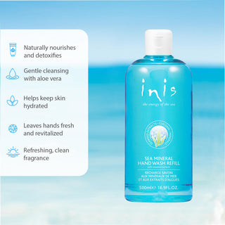 Blue hand wash bottle with 'inis' branding on a blue background