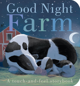 Book cover of 'Good Night Farm' with a cow and calf on a farm at night.