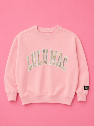 Candy Pink & Camo Crewneck featuring embroidered camo lettering, soft fleece lining, and a cozy everyday fit for kids.