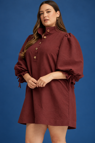 PLUS Vintage Vines Button Detail Puff Sleeve Mini Dress