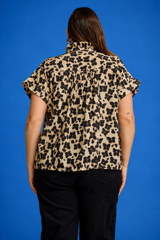 Ruffle Mock Neck Button top ,100%cotton with a ruffle neckline, button front, and elegant butterfly-inspired print.