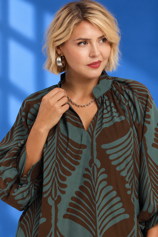 PLUS Smoky Sage Palm Print Balloon Sleeve V Neck Top
