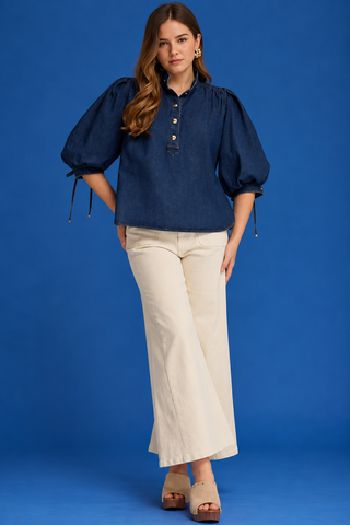 PLUS Bluebonnet Breeze Denim Button Detail 3/4 Puff Sleeve Top