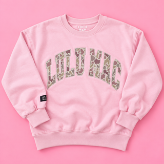 pastel pink color and bold collegiate-inspired LULU MAC lettering filled with a trendy camouflage pattern