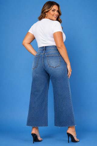 PLUS Harper TC HR Crop Wide Leg Medium Wash Raw Hem Jeans