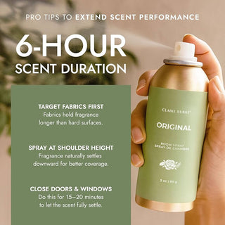Hand holding a green and gold spray bottle with text on scent performance and duration.