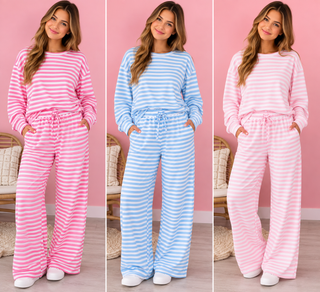ultra-soft lounge pants feature timeless horizontal stripes, a relaxed wide leg silhouette, and an adjustable drawstring waistband for an easy, comfortable fit 