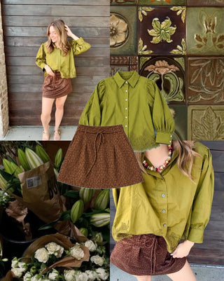 Vintage Olive Lace Hem Button Up Top
