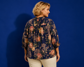 PLUS Vintage Navy Floral V-Neck Lace Trim Top